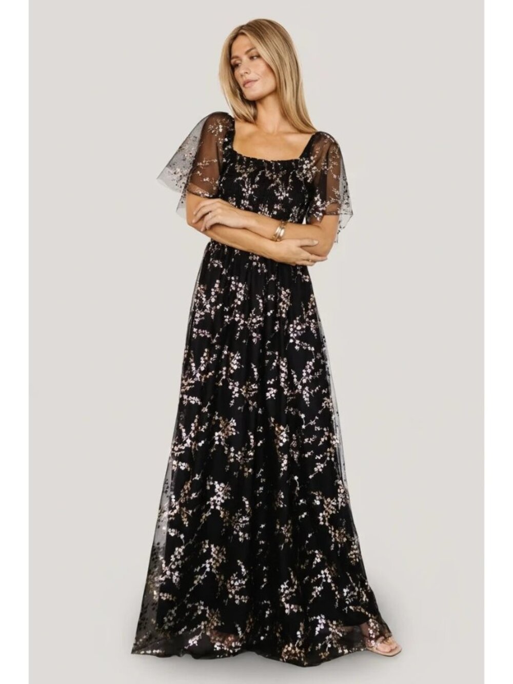 Baltic Born Cassandra Tulle Maxi Dress Black Gold Floral Pattern Large